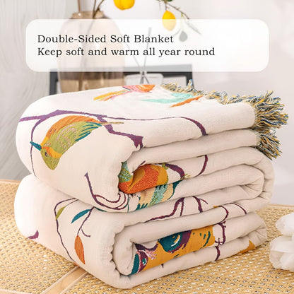 Charming Avian Cotton Throw with Stylish Tassels