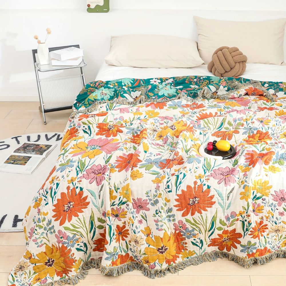 Vibrant Floral Cotton Throw Blanket for Cozy Comfort