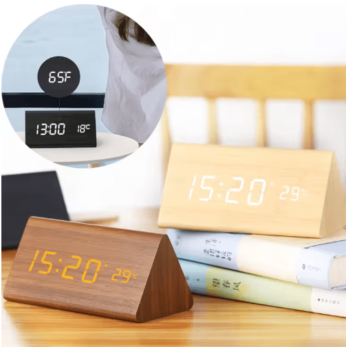 LED Display Wooden Desk Clock with Clap Activation – Modern Design