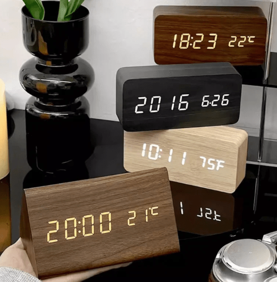 LED Display Wooden Desk Clock with Clap Activation – Modern Design
