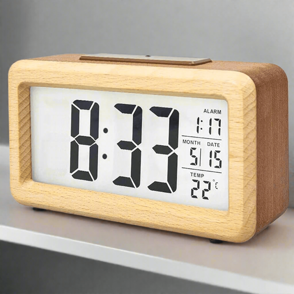 Elegant Wooden Alarm Clock with LED Display & Temperature Gauge