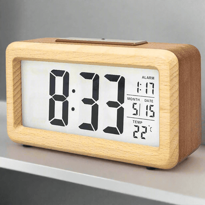 Elegant Wooden Alarm Clock with LED Display & Temperature Gauge