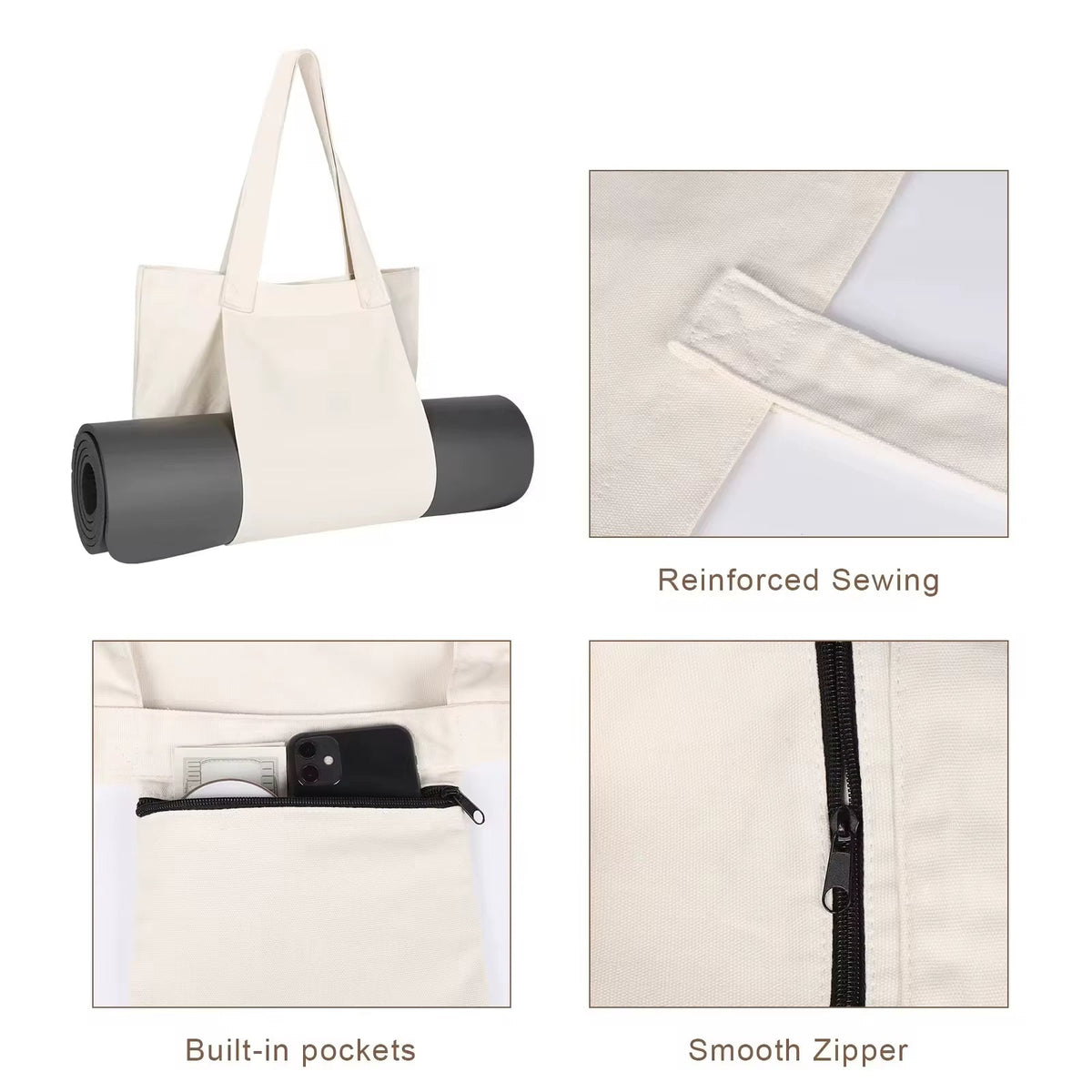 Canvas Yoga Mat Tote with Adjustable Strap & Extra Storage for Travel