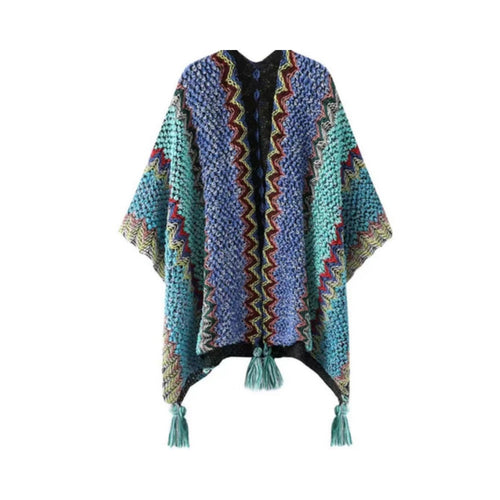 Chic Striped Blanket Cape with Tassel Accents
