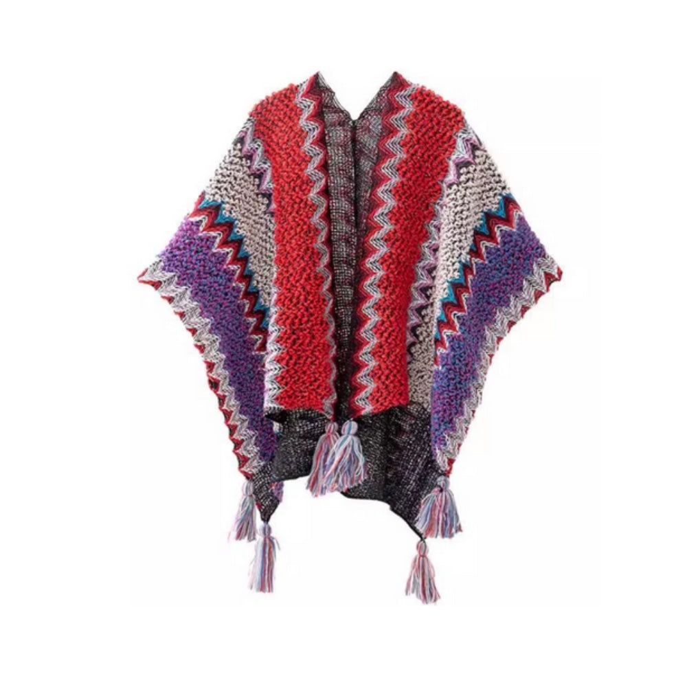 Chic Striped Blanket Cape with Tassel Accents