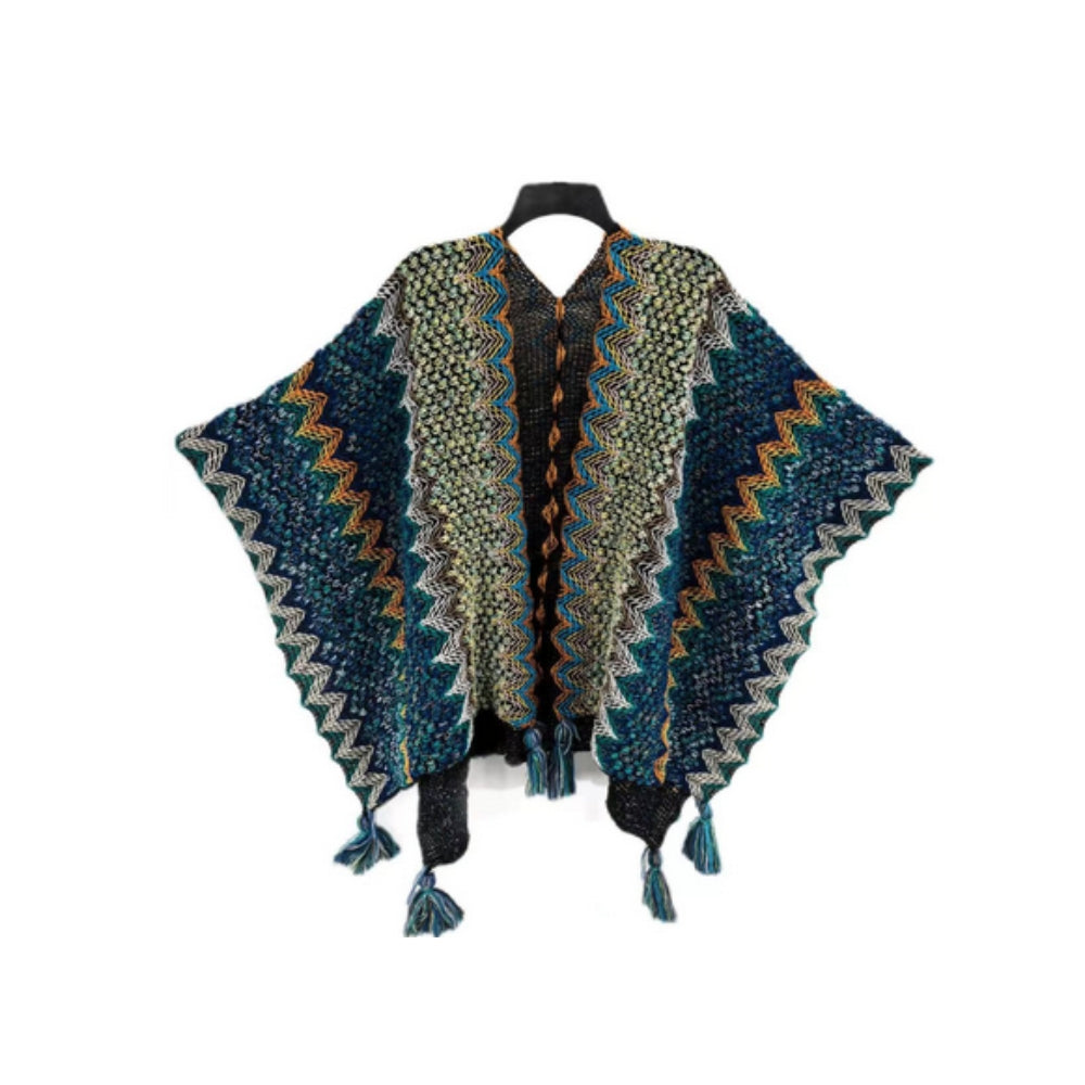 Chic Striped Blanket Cape with Tassel Accents