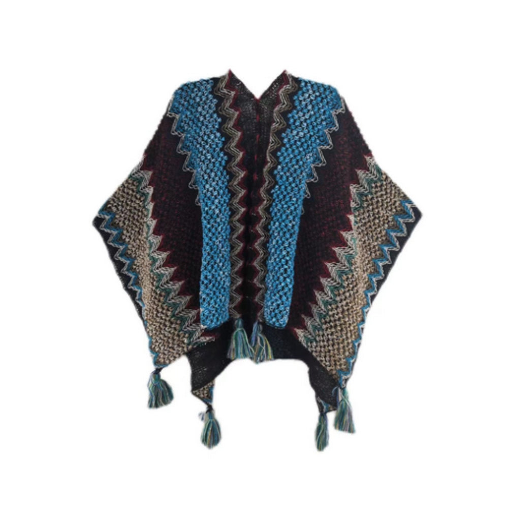 Chic Striped Blanket Cape with Tassel Accents