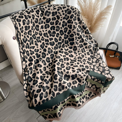 Chic Leopard Print Wool-Blend Wrap Scarf
