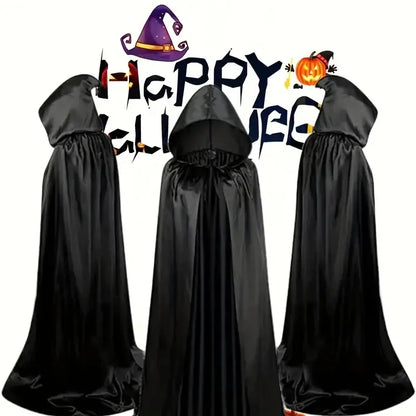 Long Unisex Halloween Cloak with Hood – Black Cosplay Wrap