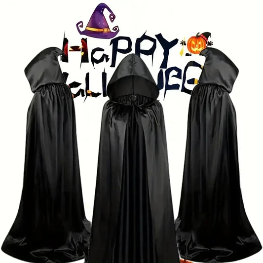 Long Unisex Halloween Cloak with Hood – Black Cosplay Wrap