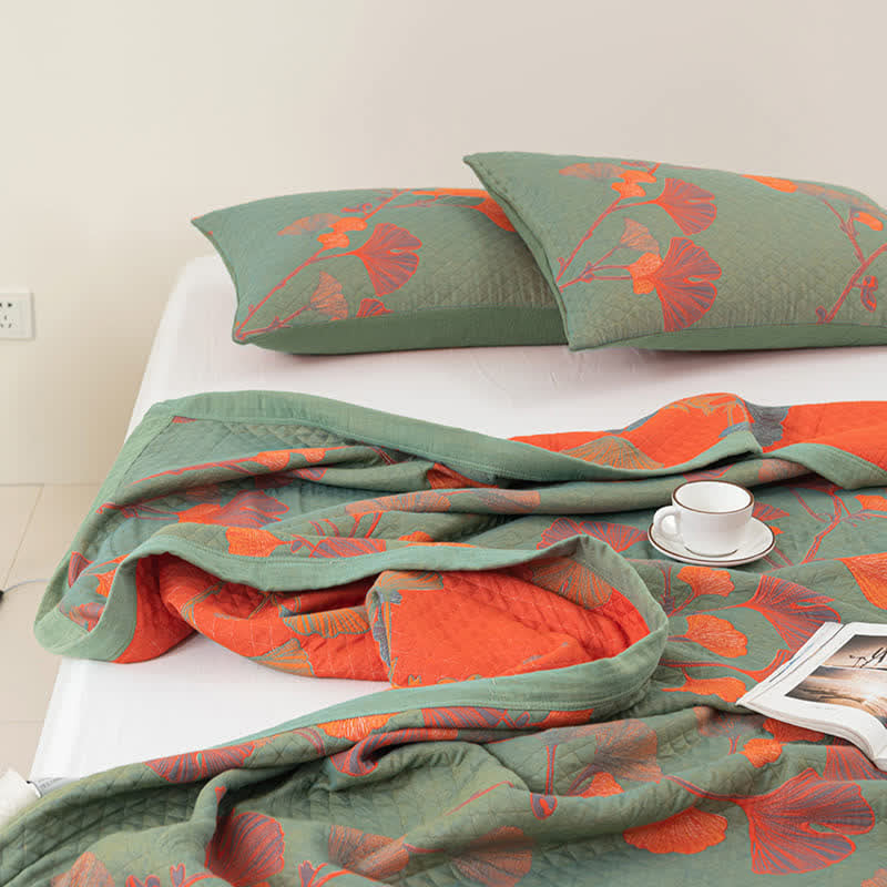 Reversible Cotton Blanket with Orange Ginkgo Leaf Design