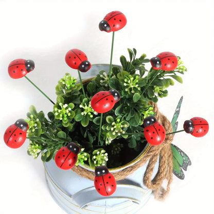 Wooden Ladybug Garden Ornament Set of 10 for Outdoor Spring Decor