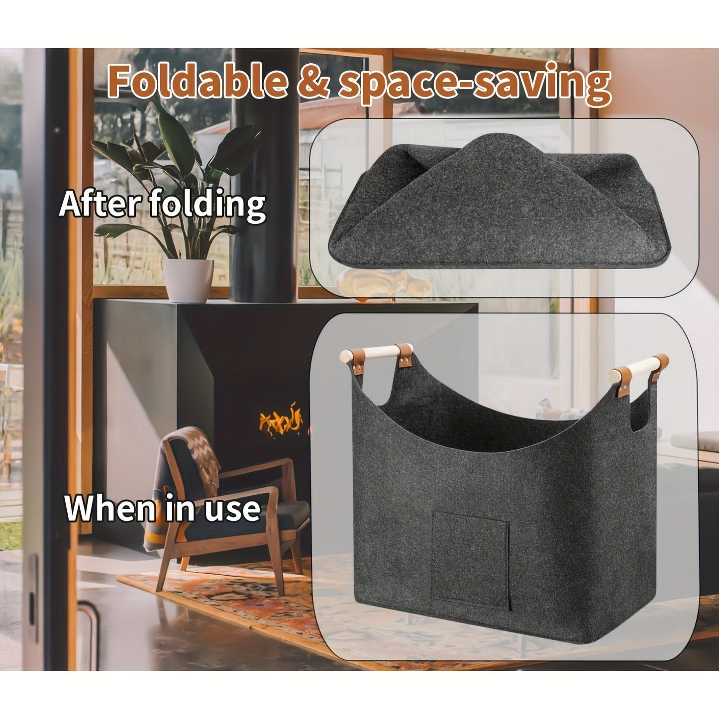Foldable Felt Wooden Box 55 Liters with Wooden Handles and Leather Accents, Dark Gray