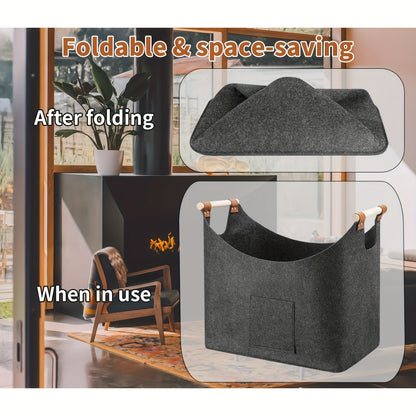 Foldable Felt Firewood Carrier | 55L Capacity | Dark Gray with Wood Handles & Leather Accents