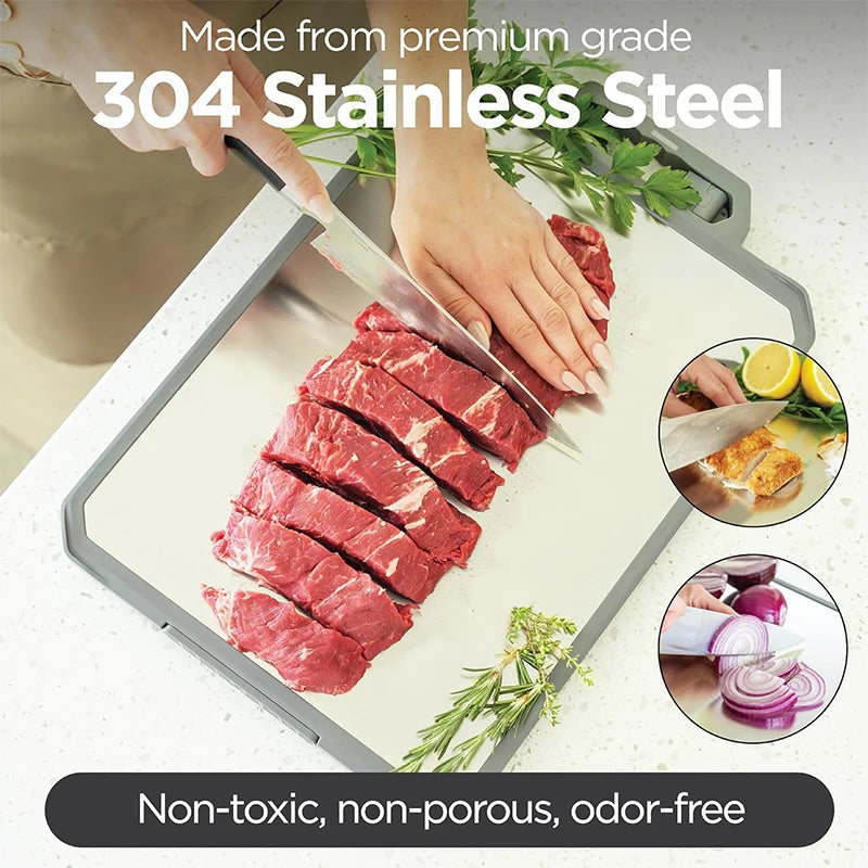 Dual-Sided Stainless Steel Cutting Board | 304 Grade | Includes Knife Sharpener