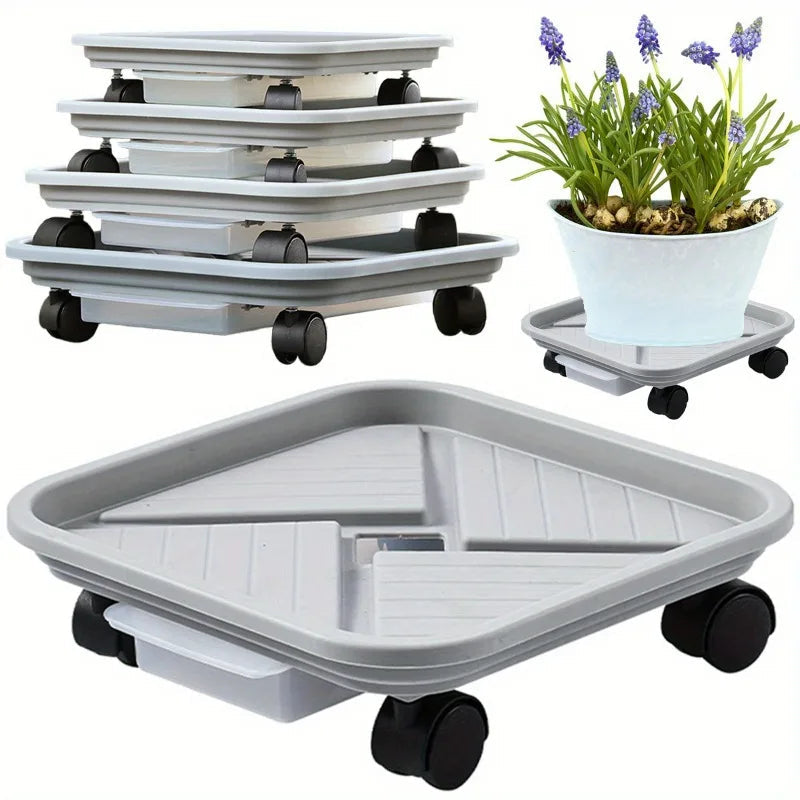 Plant Roller with Drip Tray | Square Mobile Plant Stand | Sturdy and Easy to Move