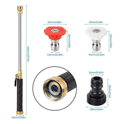 PowerSpray High-Pressure Nozzle for Garden Hoses 44.5 cm | Dual Nozzles: Stream & Fan | Stainless Steel/Copper, Leak-Proof, 1/2" & 3/4"