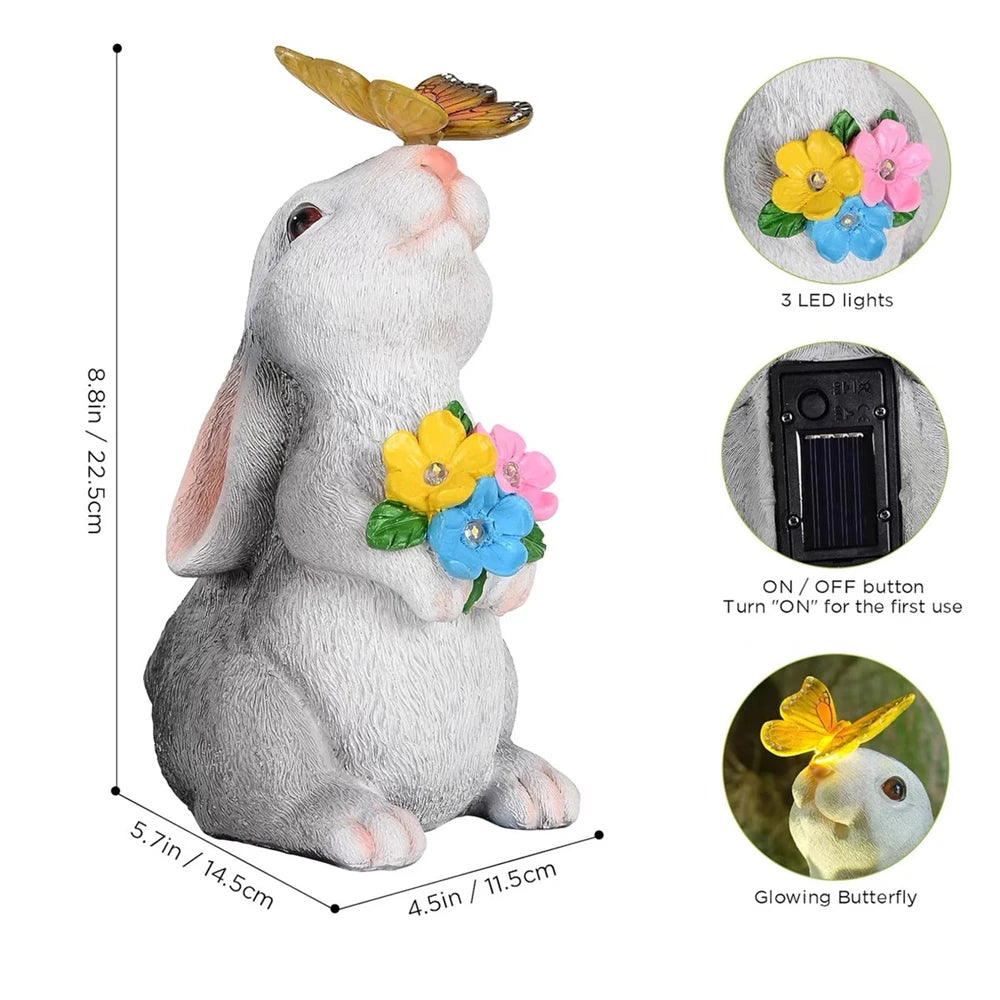 Solar Garden Bunny Statue with LED Butterfly | Waterproof Plastic