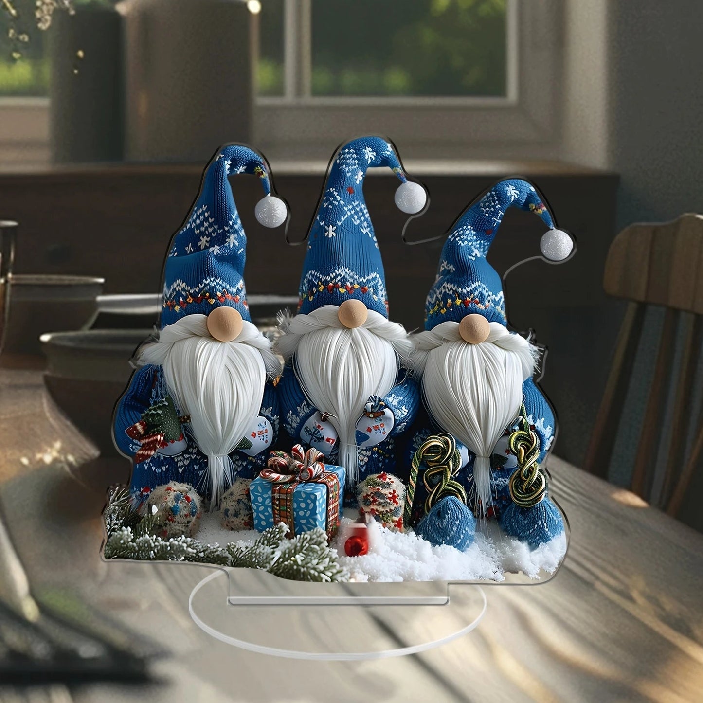 Set of 3 Blue Christmas Gnome Figurines | 18 cm Acrylic Table Decor for Living Room, Kitchen & Office