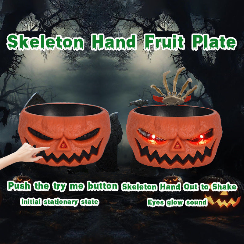 Halloween Motion Sensor Candy Bowl – Pumpkin Design with Skeleton Hand and Red Lights