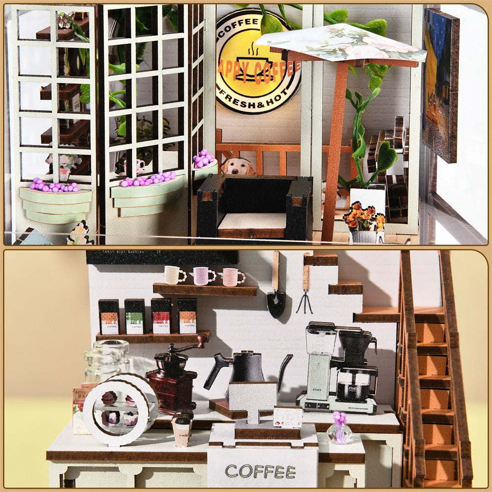 DIY Bookshelf Niche - 3D Miniature Coffee House Wooden Kit with LED Lighting - Creative Bookshelf Diorama & Gift Idea