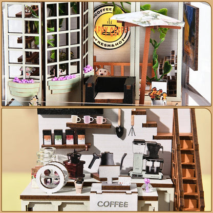 DIY Bookshelf Niche - 3D Miniature Coffee House Wooden Kit with LED Lighting - Creative Bookshelf Diorama & Gift Idea