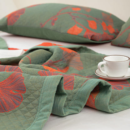 Reversible Cotton Blanket with Orange Ginkgo Leaf Design