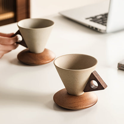 Ceramic Coffee Mug 250ml – Handmade with Wooden Handle and Coaster