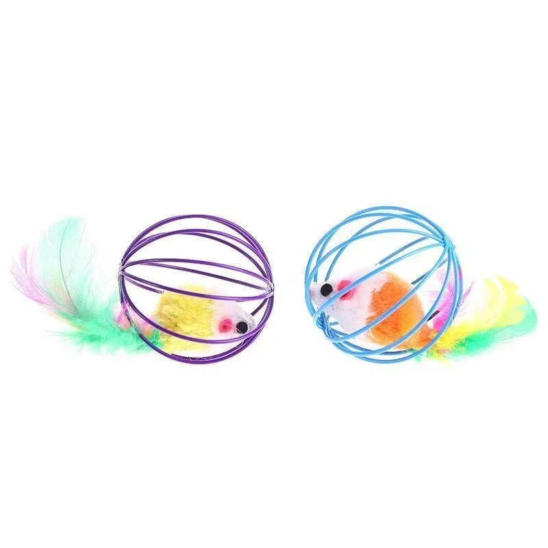 Cat Play Ball with Plush Mouse in Cage | Fun Toy for Energetic Indoor Cats | Random Color Ø 6 cm
