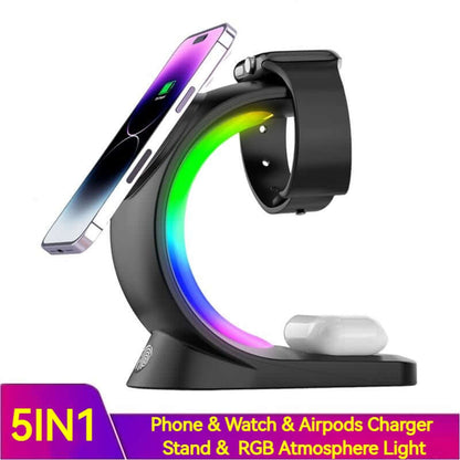 4-in-1 Wireless Charging Station with Atmosphere Light for Smartphones, AirPods Pro, and Apple Watch