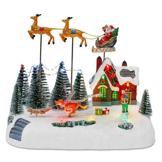 Animated Christmas Village with Santa in Sleigh | LED Lights & Music | Snowy Scene with Reindeer & Christmas Tree