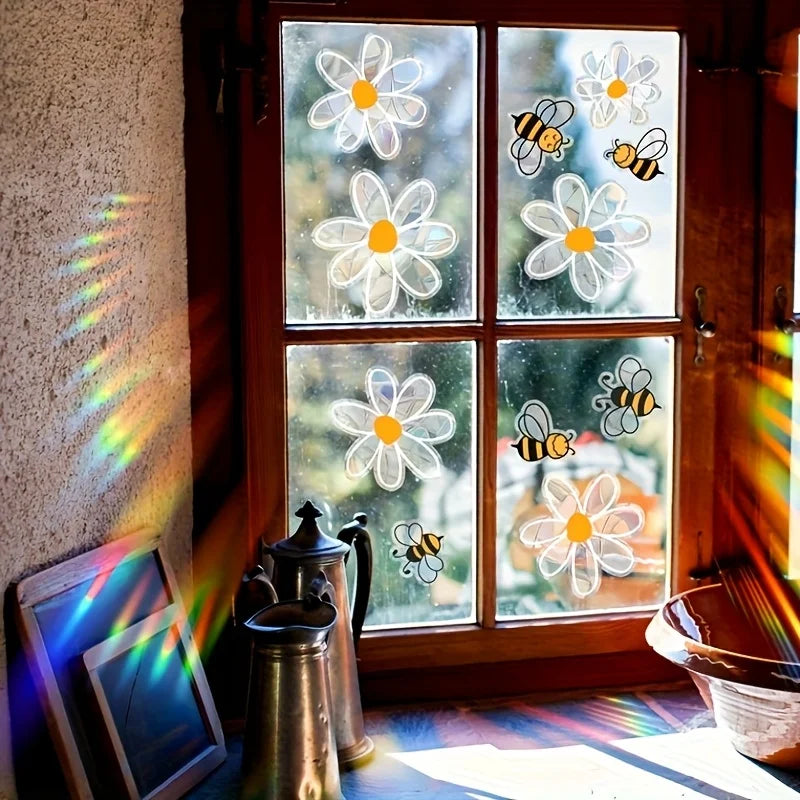 Spring Window Stickers | Colorful Bees & White Flowers | Double-Sided Static Glass Decor