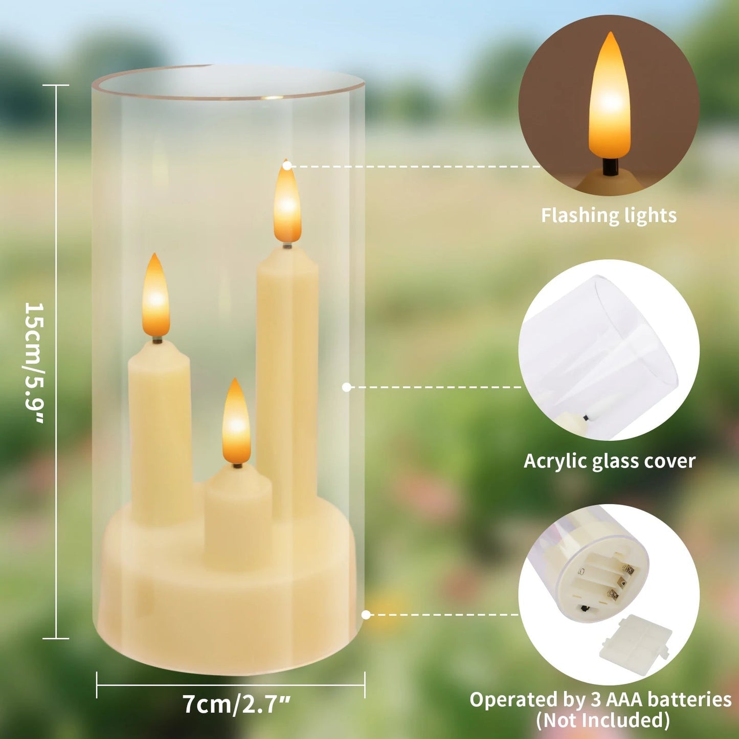 LED Candle with Triple Wicks | Glass-Enclosed Flickering Flame Effect | Battery-Powered, Flameless Candle | Safe and Authentic | Warm White Light