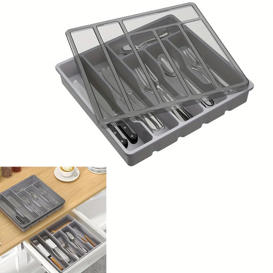 Cutlery Organizer with Lid | 6 Compartments | PP Plastic | 32x30x5.4 cm