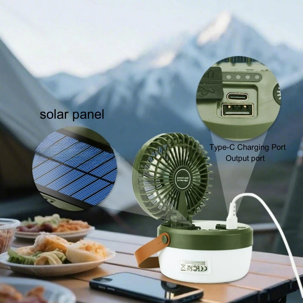Solar-Powered Camping Light with Fan | Portable Tent Lantern with 3 Speeds