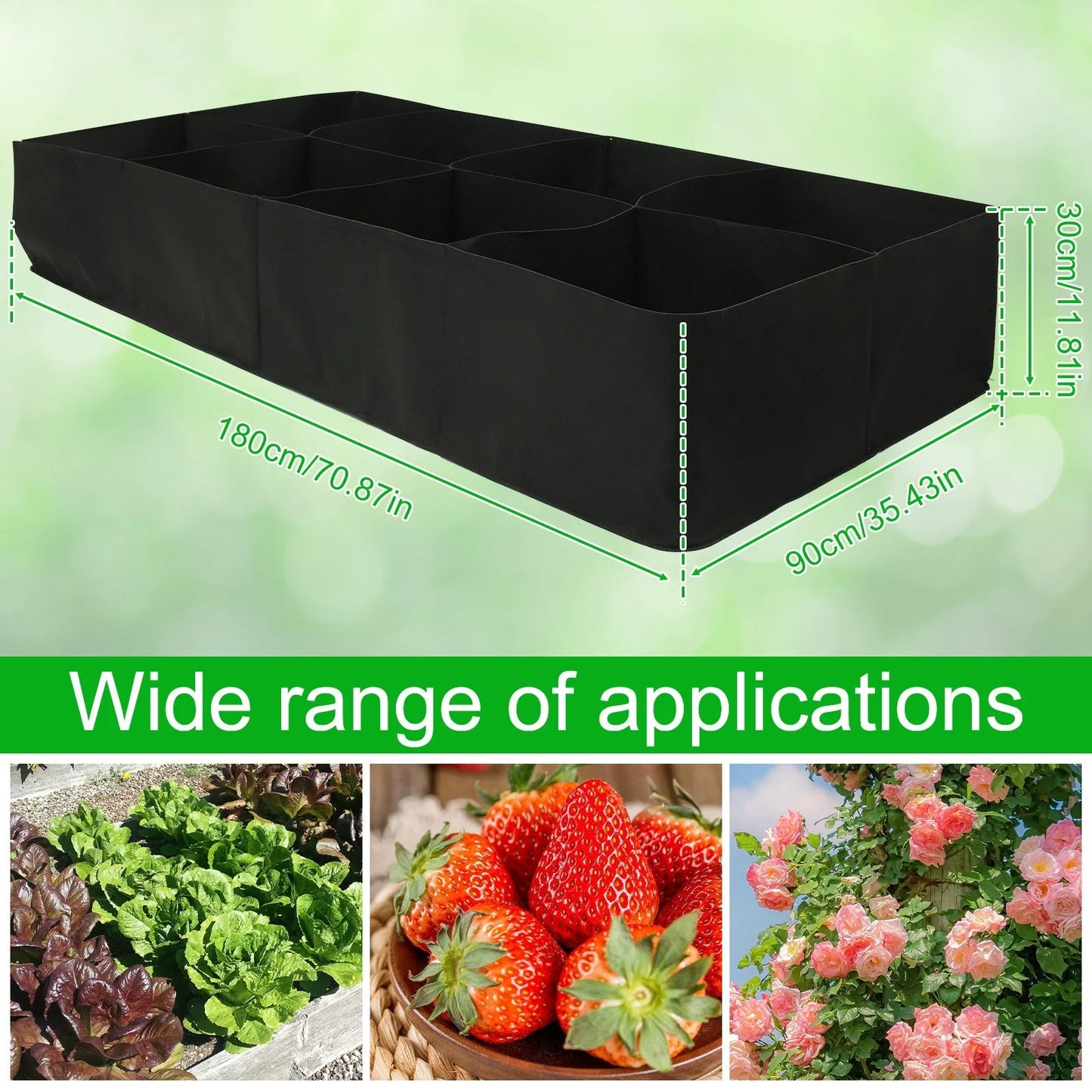 Raised Garden Bag with 8 Compartments | Black Felt Material | 180x90x30 cm