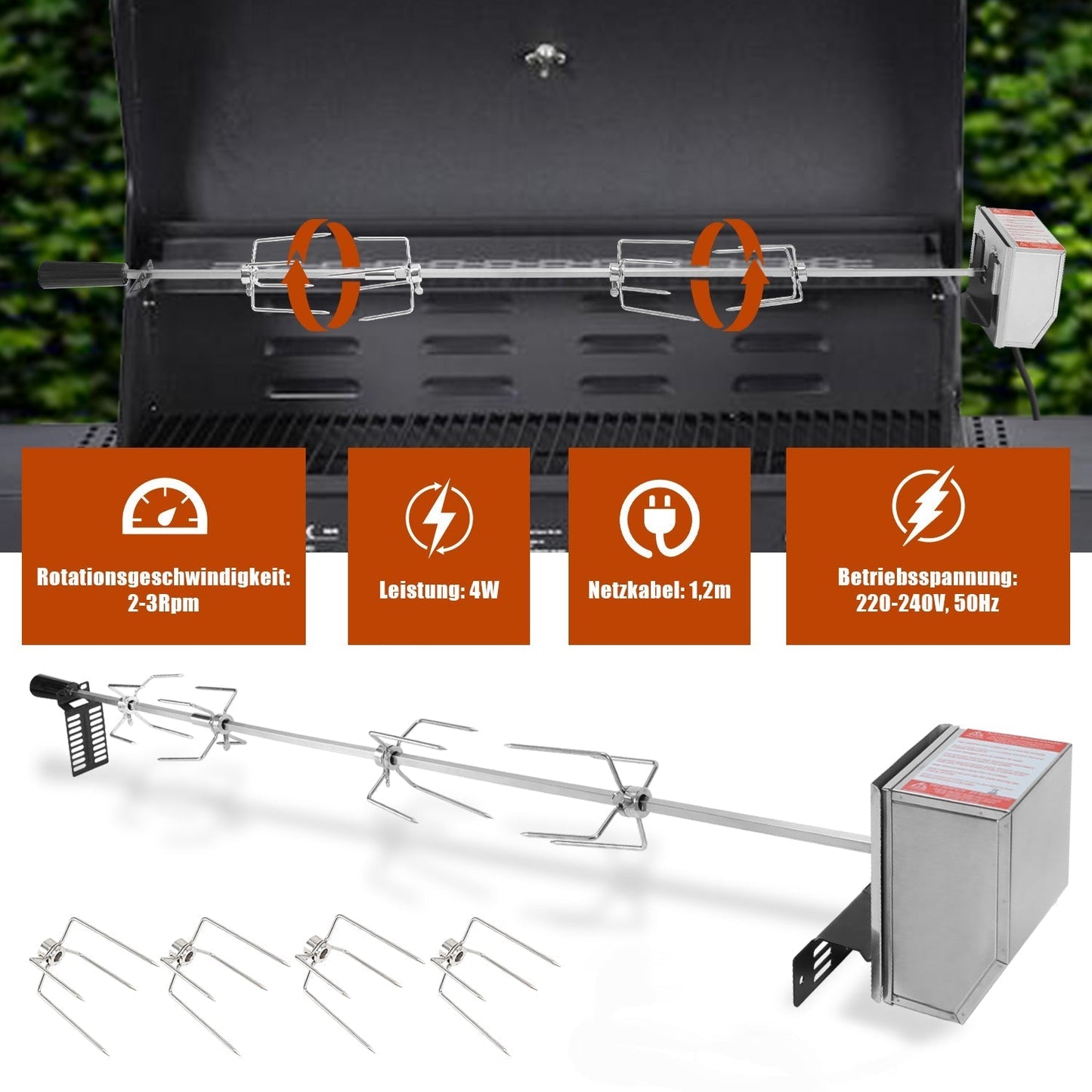 Stainless Steel Skewers for BBQ Grilling - 4 Meat Needles with Motor