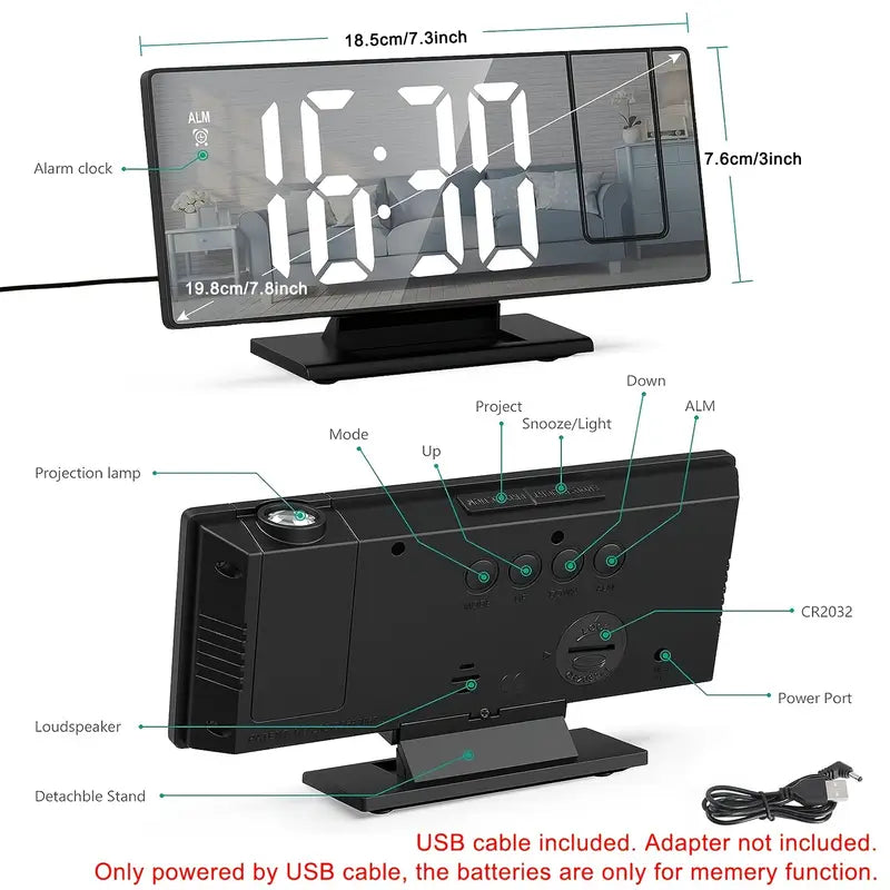 180° Adjustable LED Projection Clock – Snooze, 12/24H Time & Temp Display, Mirror Design – USB Powered, Night Mode & Memory Function