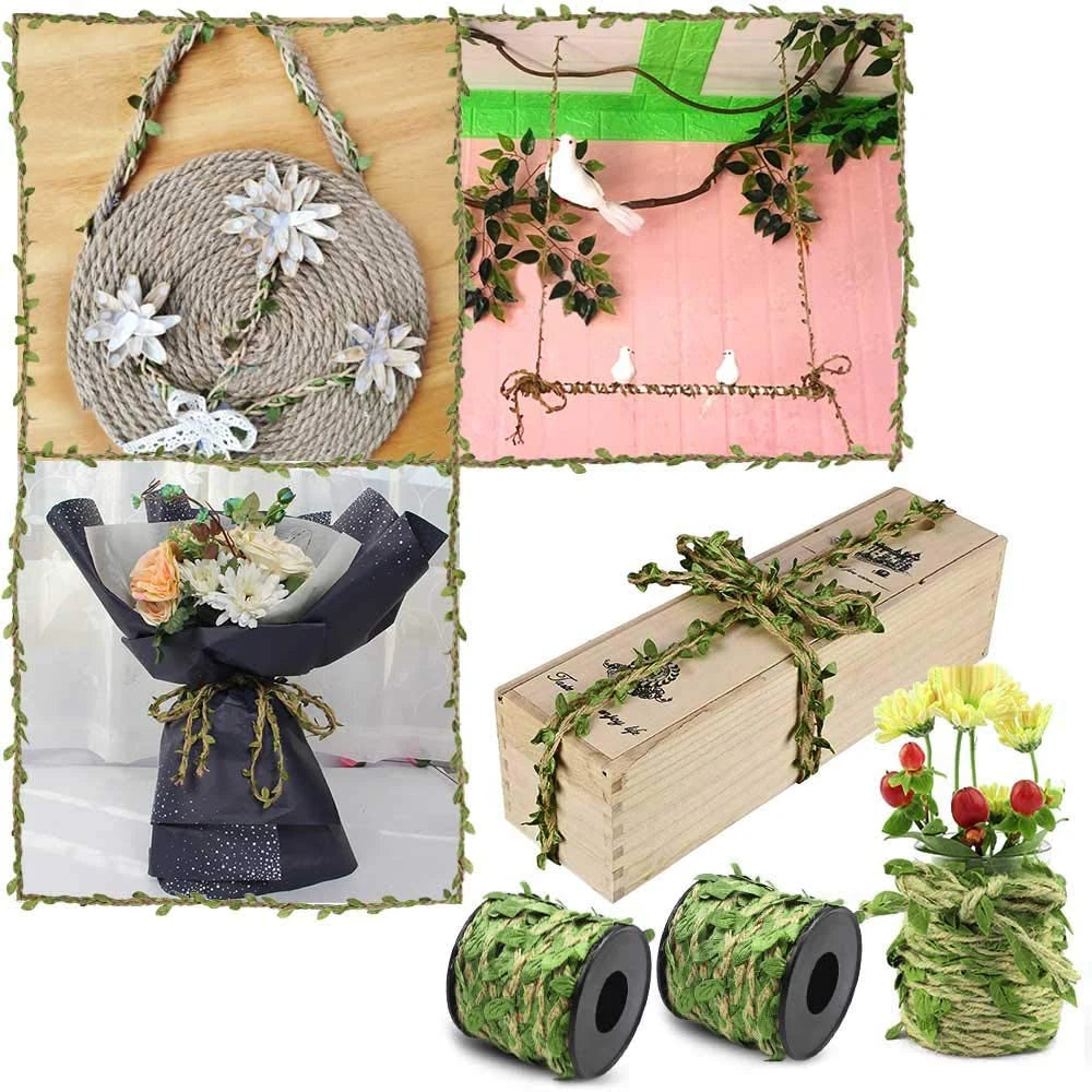 Artificial Leaf Garland | Jute and Rattan Decorative Rope | 10 m DIY Home Decor for Weddings & Parties
