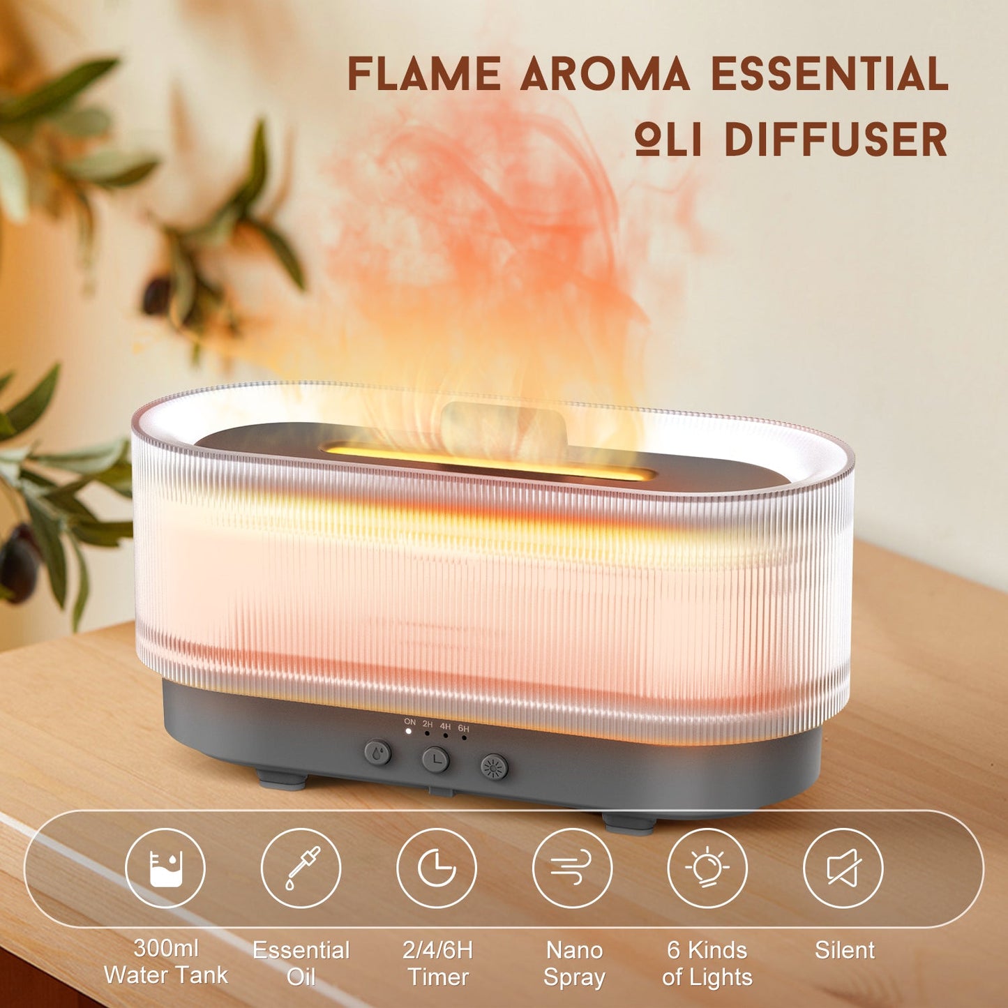 300ml Ultrasonic Essential Oil Diffuser with Flame Effect and LED – 12 Hours Runtime