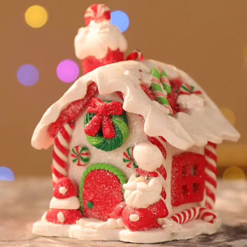 Handmade LED Gingerbread House Ornament – Illuminated Christmas Decor with Santa, Snowman, and Candy Canes