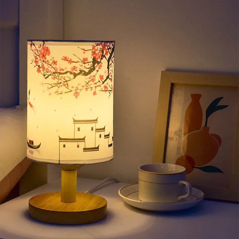 LED Table Lamp with Plum Blossom Design | Dimmable | Chinese Fabric Shade | Warm White Light | EU Plug