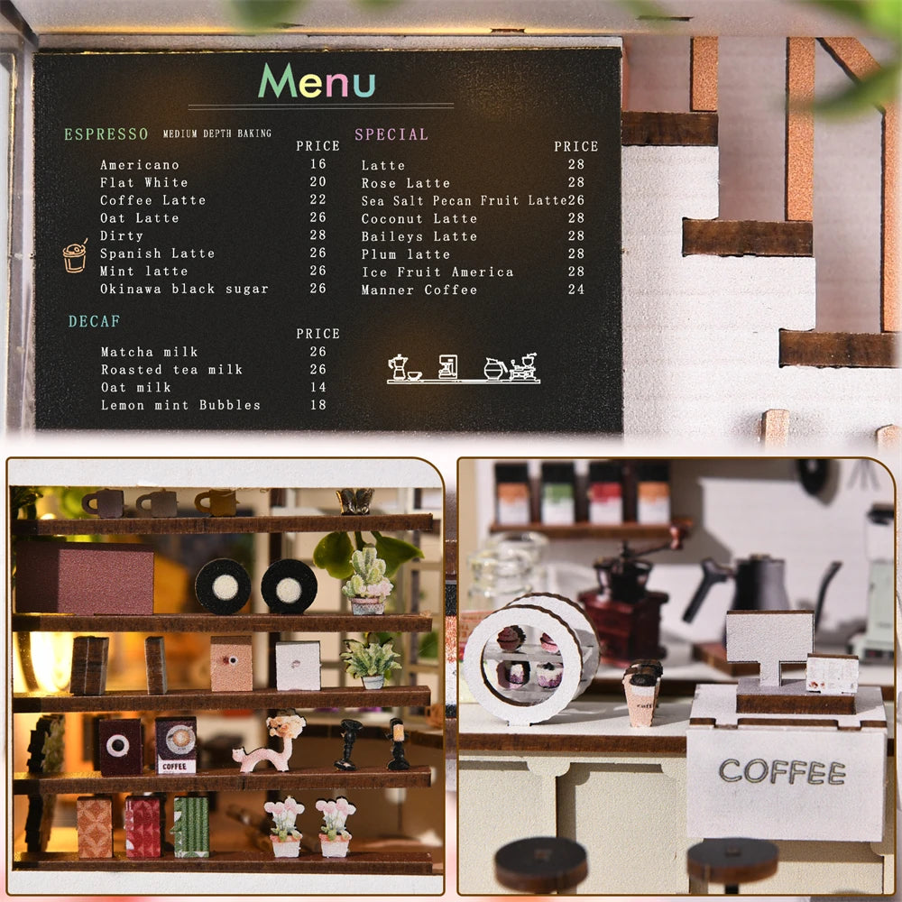 DIY Bookshelf Niche - 3D Miniature Coffee House Wooden Kit with LED Lighting - Creative Bookshelf Diorama & Gift Idea