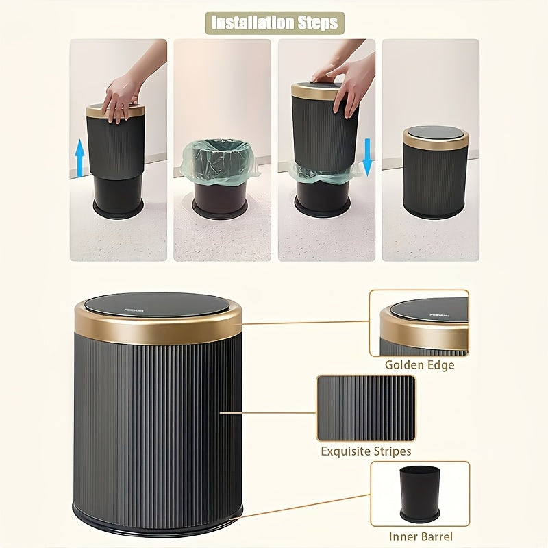 Oval Waste Bin with Gold Lid - Press Top Bathroom Trash Can