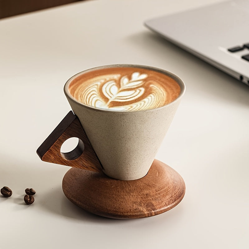 Ceramic Coffee Mug 250ml – Handmade with Wooden Handle and Coaster