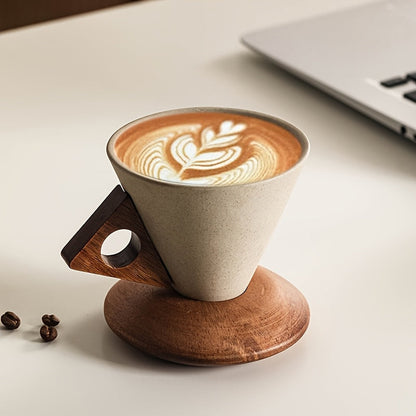 Ceramic Coffee Mug 250ml – Handmade with Wooden Handle and Coaster