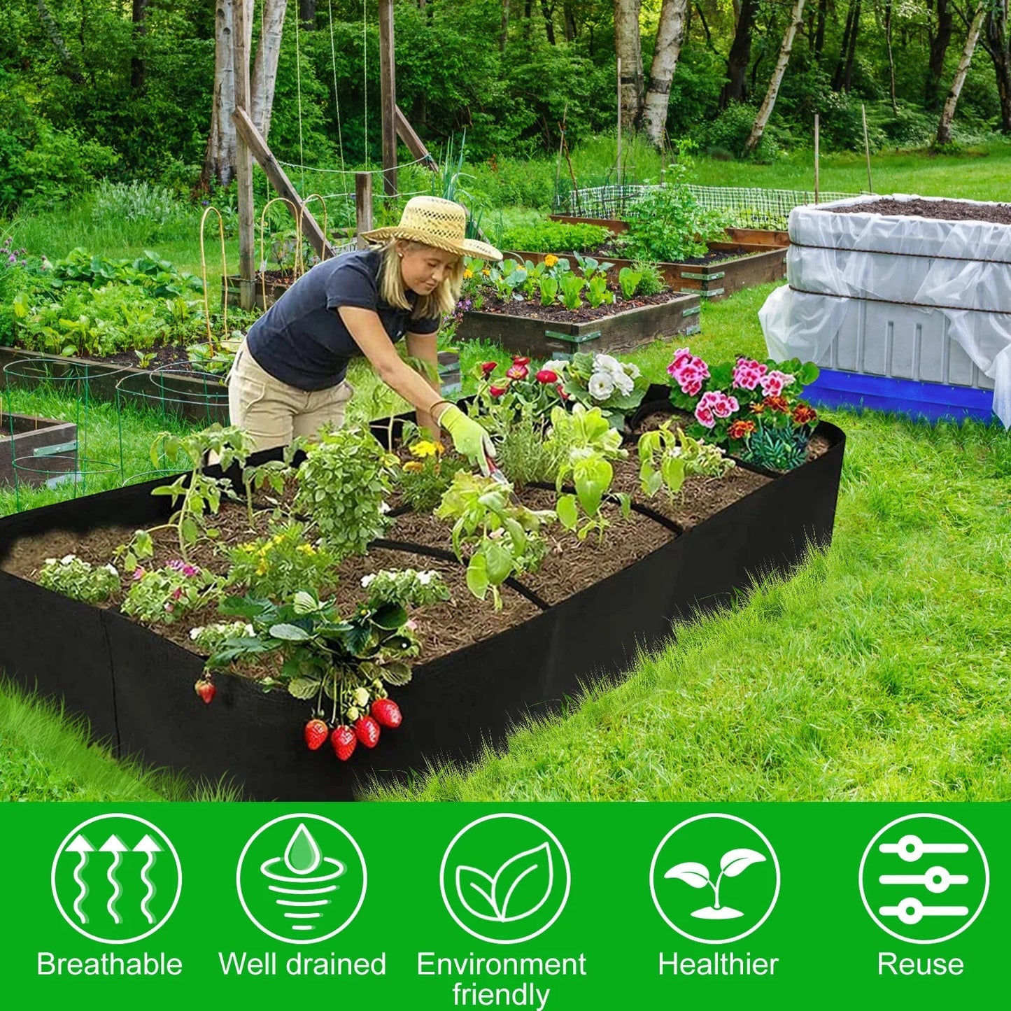 Raised Garden Bag with 8 Compartments | Black Felt Material | 180x90x30 cm