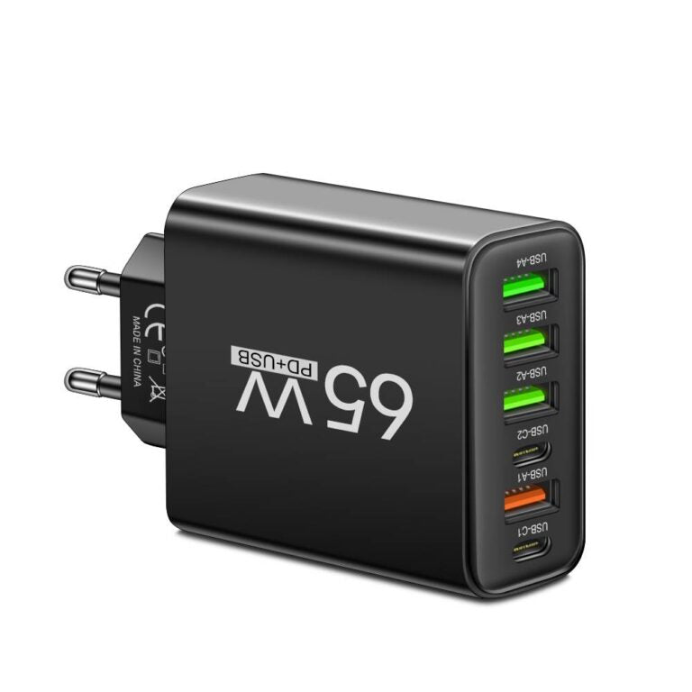 65W 6-in-1 Fast Charger – Charge Up to 6 Devices Simultaneously – Perfect for Home, Office, and Travel
