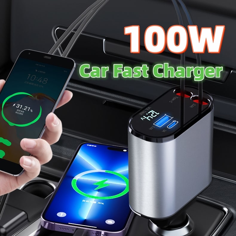 SmartDrive Recharge: Fast Dual USB Car Charger with Auto-Retract