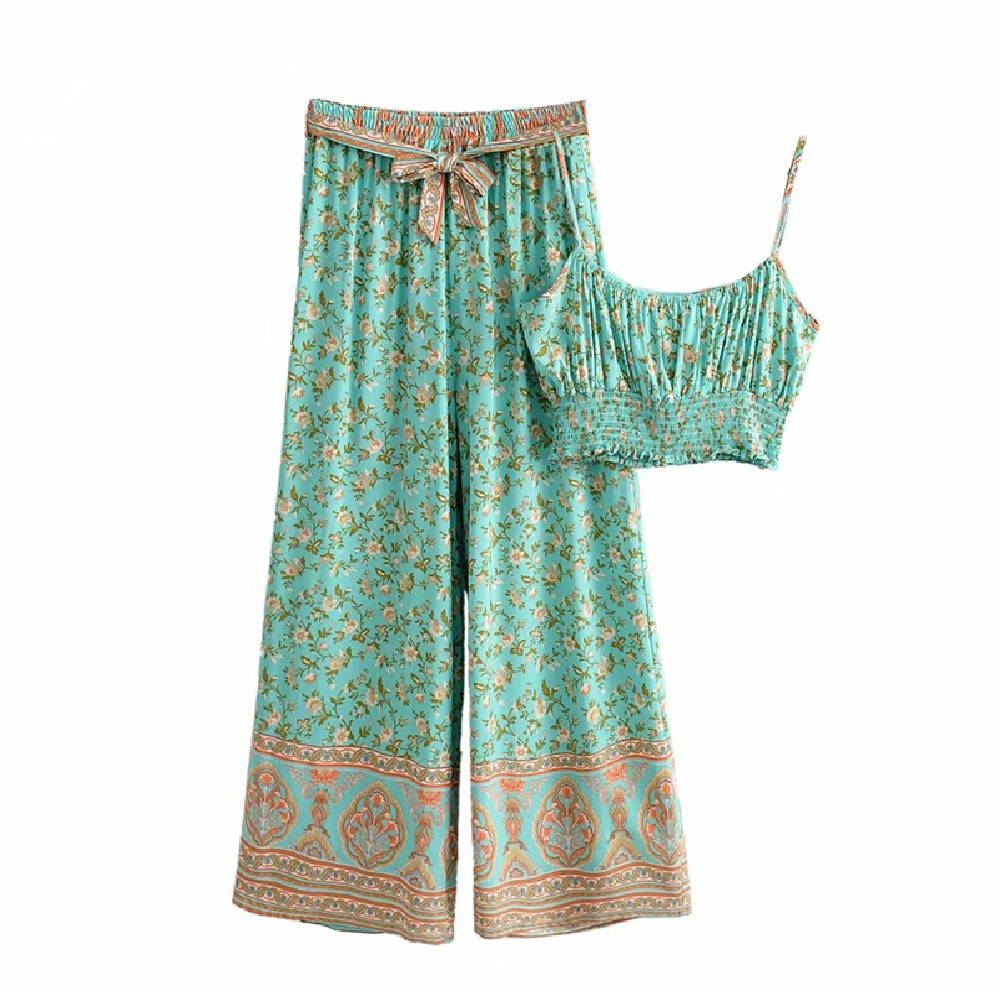 Bohemian Floral Print Suit for Women in Vintage Style